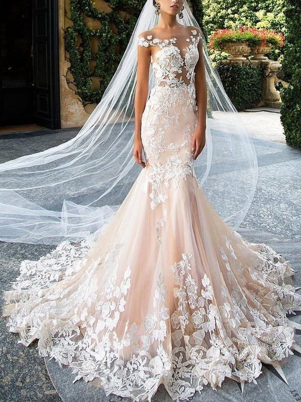 Gorgeous Light Pink Floral Lace Off the Shoulder Mermaid Wedding Dress AlineBridal Gorgeous Light Pink Floral Lace Off the Shoulder Mermaid Wedding Dress AlineBridal