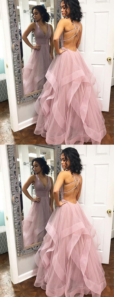 Blush Pink Ruffles Ball Gown Criss-cross Backless Prom Dresses,PD0304