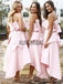 Blush Pink Satin Strapless Bow Knot High Low Bridesmaid Dresses, AB4008