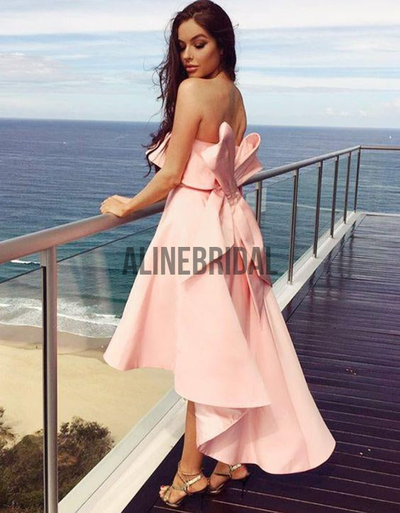 Blush Pink Satin Strapless Bow Knot High Low Bridesmaid Dresses, AB4008