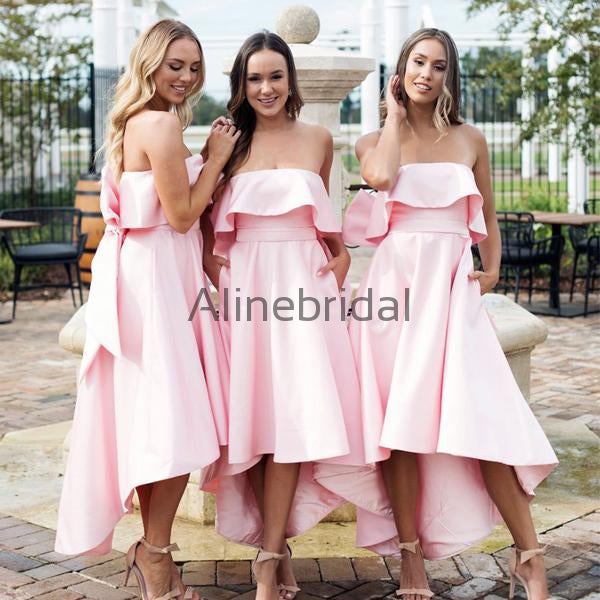 Blush Pink Satin Strapless Bow Knot High Low Bridesmaid Dresses, AB4008