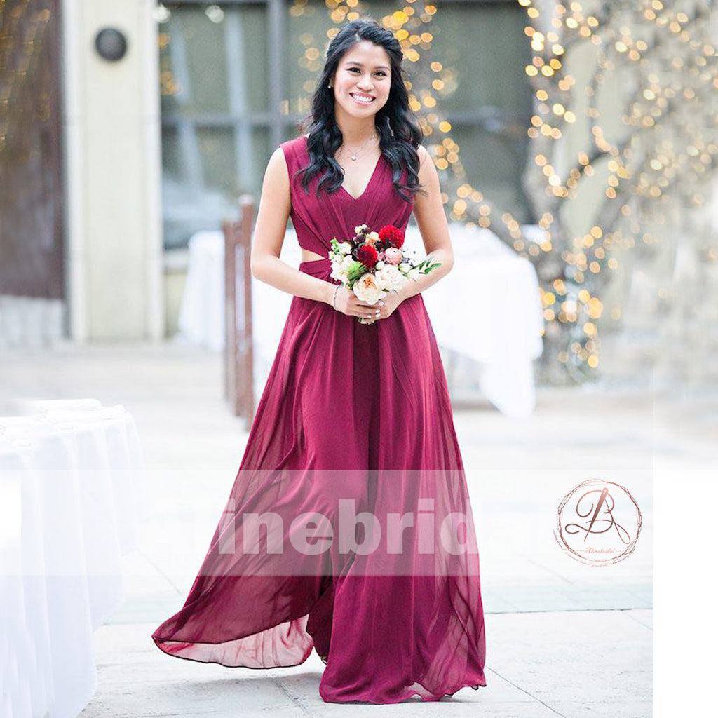 Burgundy Chiffon V-neck A-line Bridesmaid Dresses , AB1228