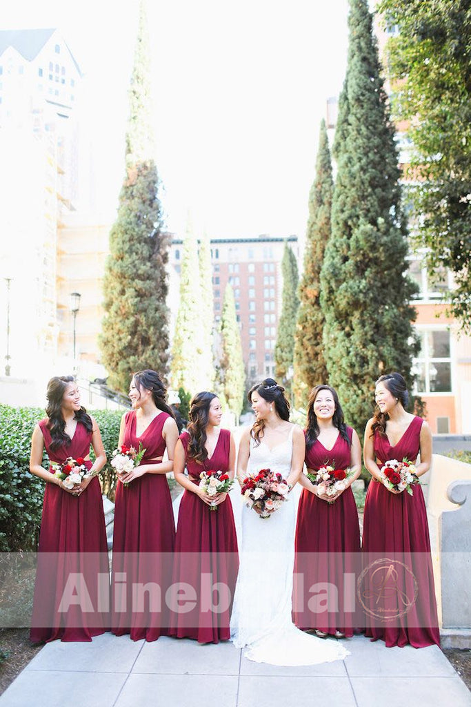 Burgundy Chiffon V-neck A-line Bridesmaid Dresses , AB1228