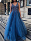 Dark Blue Tulle Sequin Beads V-neck Backless Prom Dresses ,PD00362