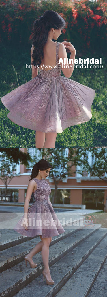 Dusty Purple Organza Lace With Beads Backless Homecoming Dresses, HD0002