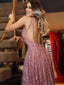 Dusty Rose Lace Sexy Backless Spaghetti Strap A-line Party Prom Dresses, PD00150