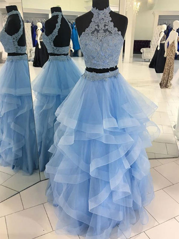 Fashion Two Piece Halter Lace High Neck Ruffles Skirt Prom Dresses For Teens ,PD00111