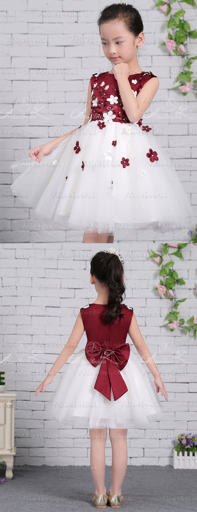 Grape Satin White Tulle Floral Applique Sweet Flower Girl Dresses, FGS133