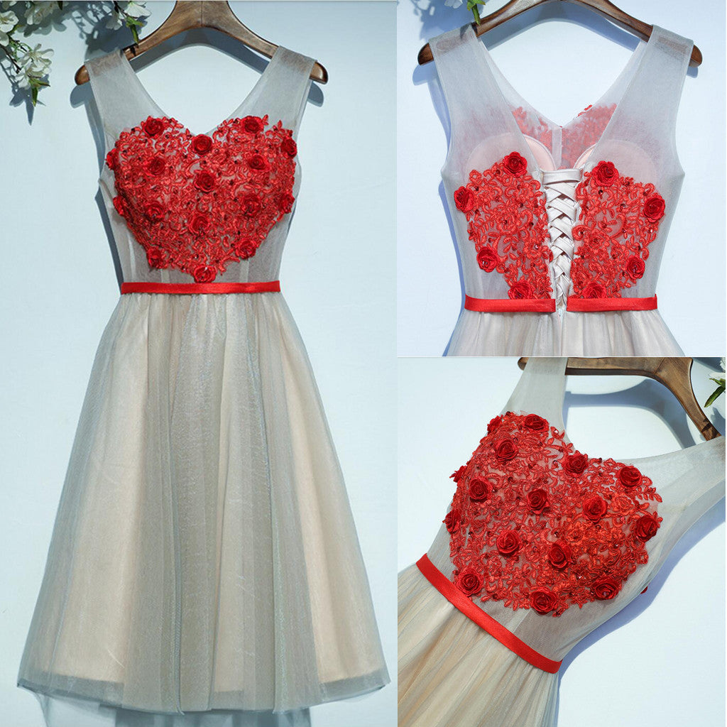 Lovely Heart-shaped Three-dimensional Lace Decals Sleeveless  Lace Up Back Homecoming Dresses,BD00205