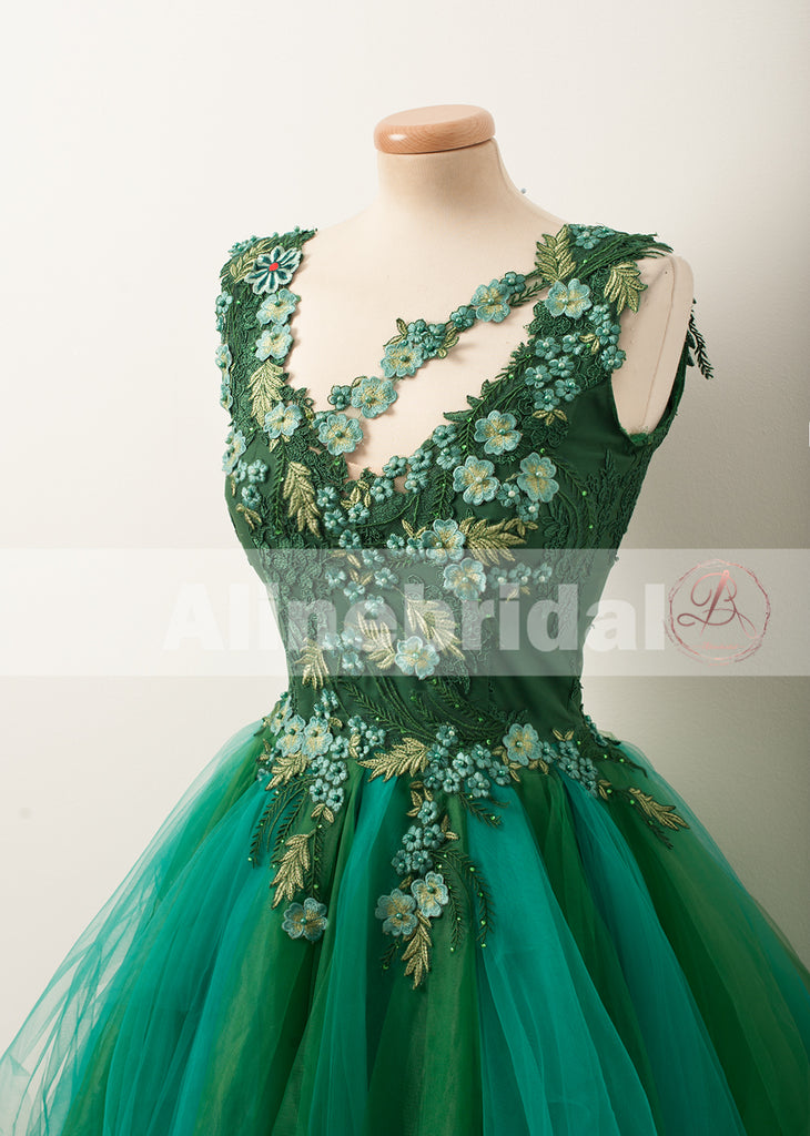 Hunter Green Lace Appliques Handmade Flowers Unique Homecoming Dresses,BD00231