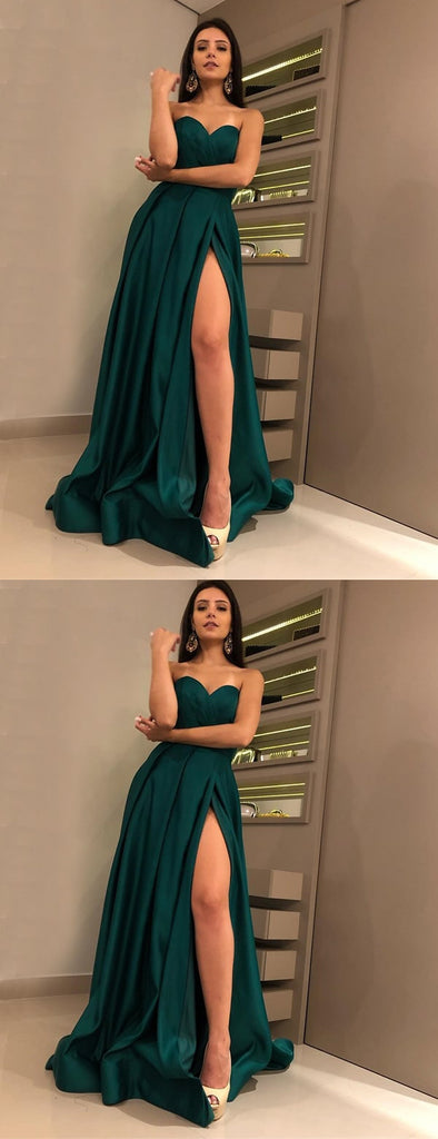 Hunter Green Sweetheart Strapless Slit A-line Prom Dresses.PD00280