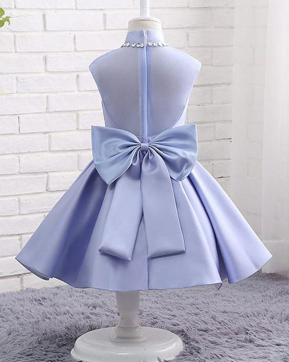 Lavender Satin High Neck See Through Back Bow Knot Simple  Flower Girl Dresses, FGS102
