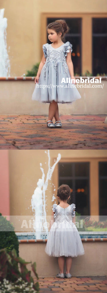 Light Grey Appliques Tulle Pretty Sleeveless Short Flower Girl Dresses, FGS078