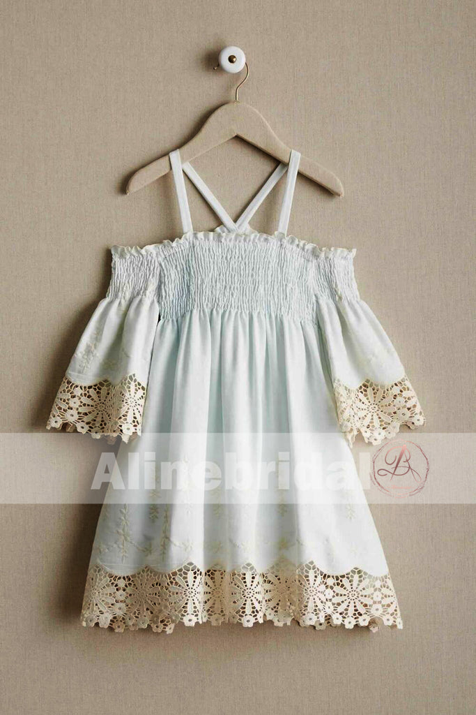 Light Tiffany Blue Unique Fashion Off Shoulder Half Sleeve Flower Girl Dresses, FGS067