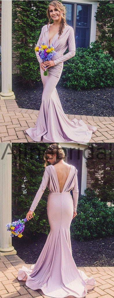 Lilac Long Sleeve V-neck Mermaid Bridesmaid Dresses, AB4056