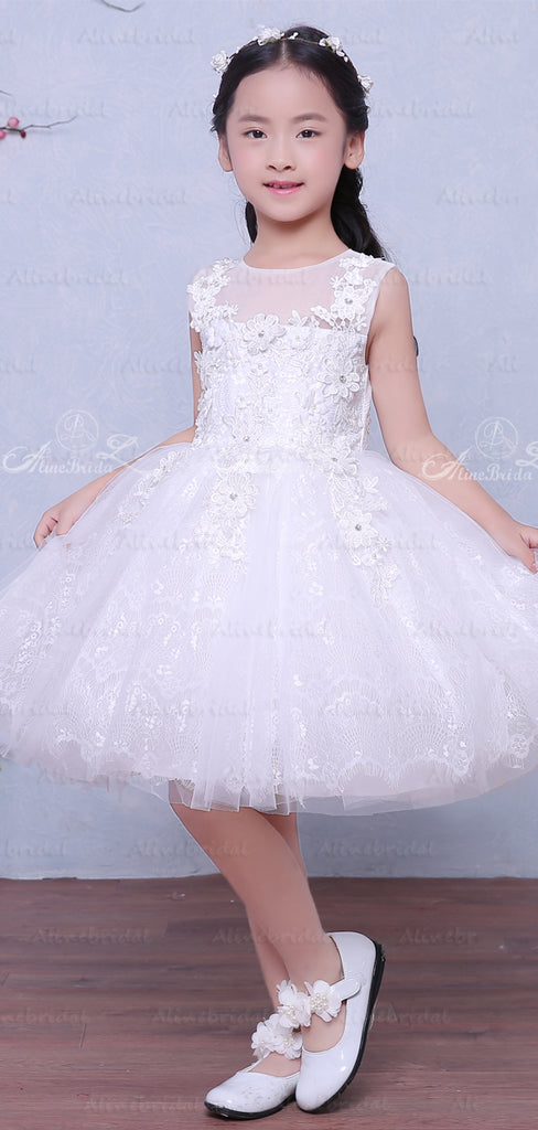 Lovely Lace White Tulle Handmade Applique Sleeveless Flower Girl Dresses, FGS026