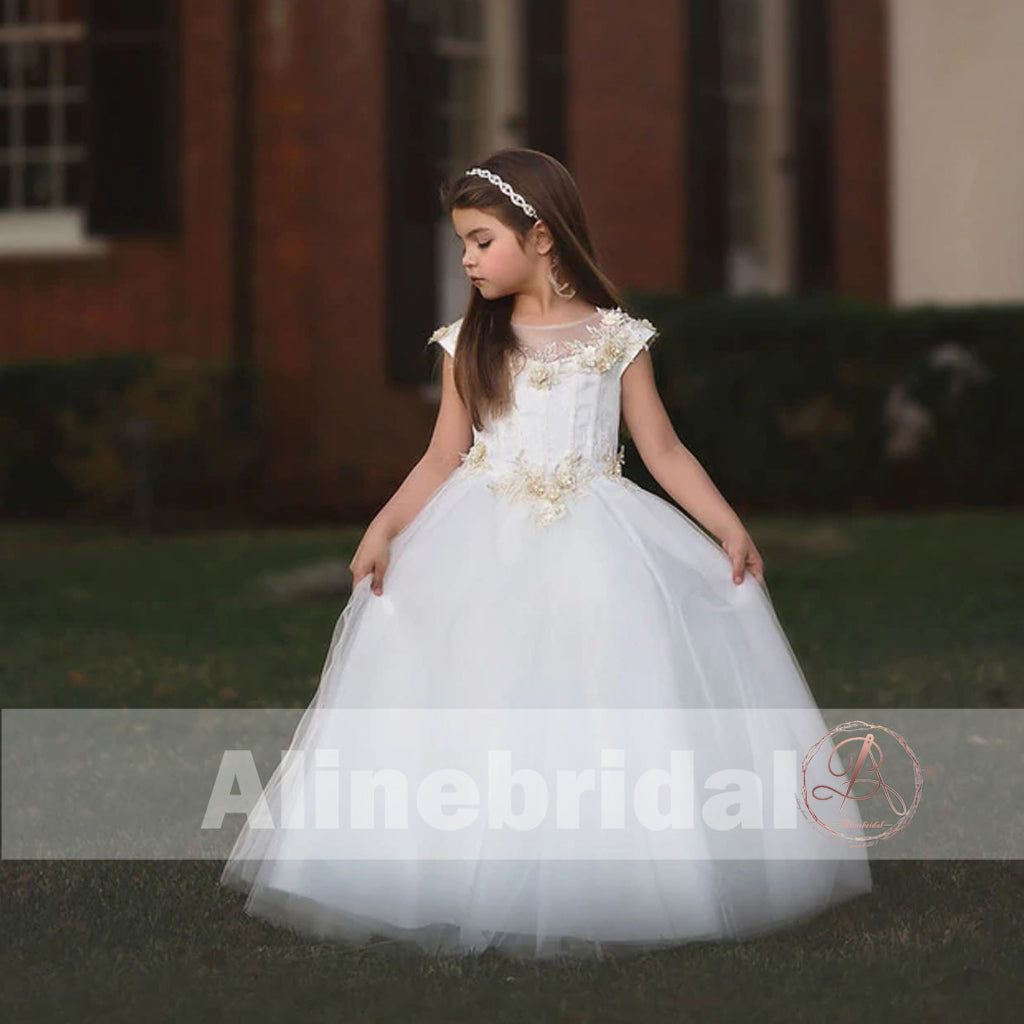 Off White Tulle Ivory Applique With Beads Cap Sleeve Long Flower Girl Dresses, FGS089