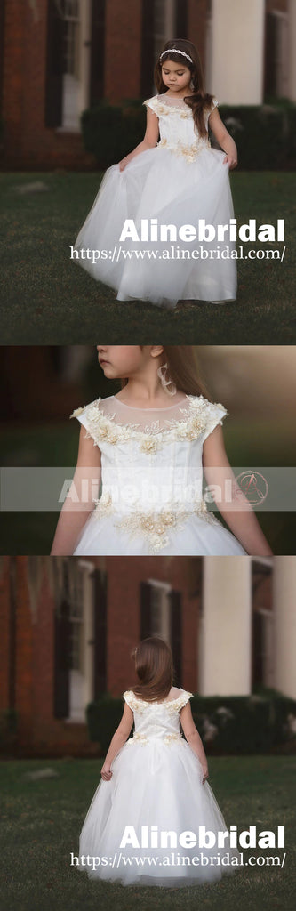 Off White Tulle Ivory Applique With Beads Cap Sleeve Long Flower Girl Dresses, FGS089