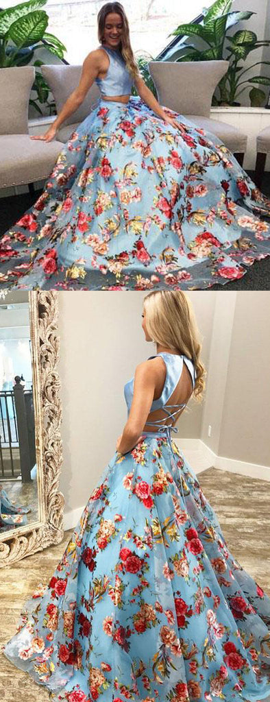 Pale Blue Floral Prints Lace Up Back Prom Dresses,PD00147