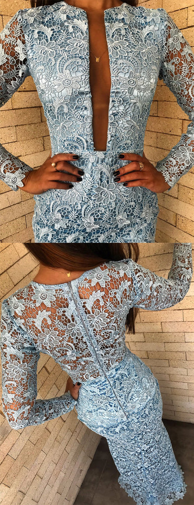 Pale Blue Lace Long Sleeve Sheath Illusion Back Prom Dresses,PD00203