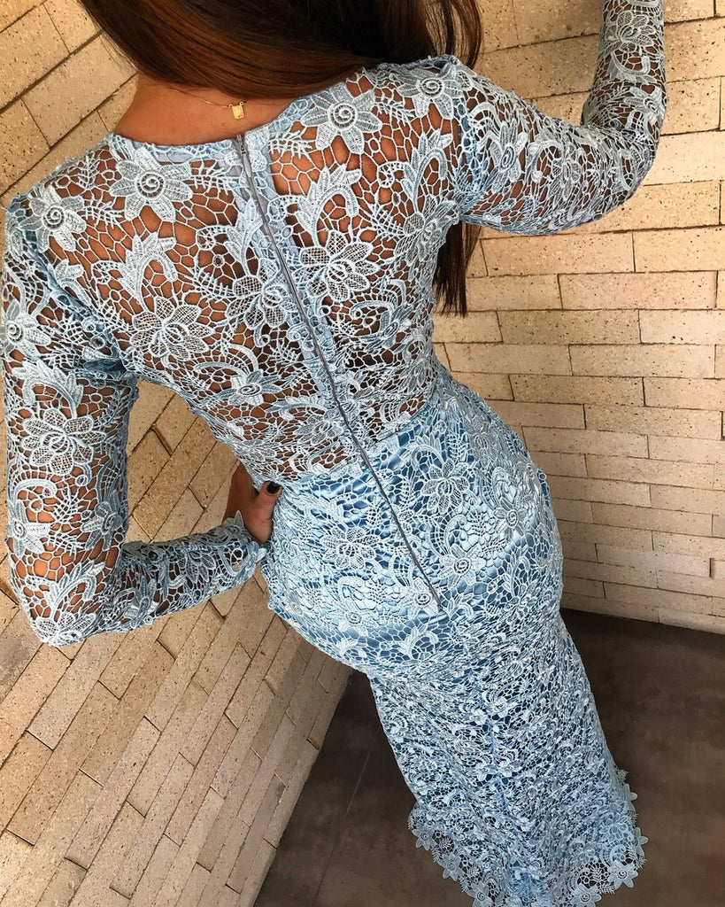 Pale Blue Lace Long Sleeve Sheath Illusion Back Prom Dresses,PD00203