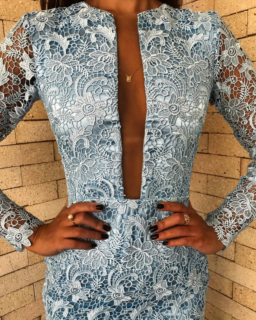 Pale Blue Lace Long Sleeve Sheath Illusion Back Prom Dresses,PD00203