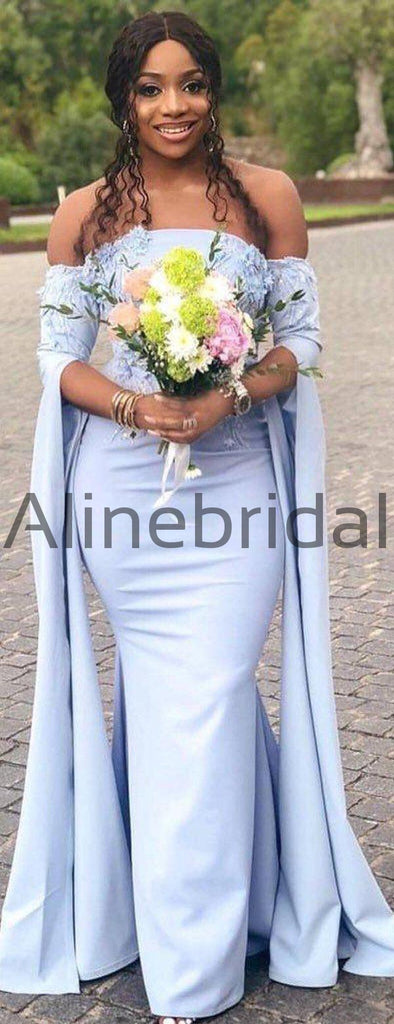 Pale Blue Off Shoulder Unique Long Sleeve Mermaid Bridesmaid Dresses, AB4096