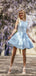 Pale Blue Satin With Pearl Neckline Sleeveless Homecoming Dresses,HD0066