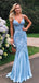 Pale Blue Soft Satin Applique Beading Mermaid Spaghetti Strap Prom Dresses.PD00218