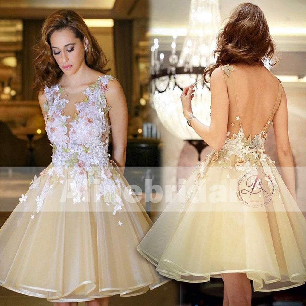 Pastel Yellow Sweet Flower Appliques Backless Sleeveless Homecoming Dresses,BD00226