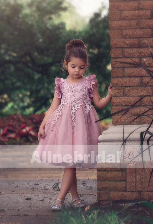 Pink Appliques Tulle Pretty Sleeveless Short Flower Girl Dresses , FGS074