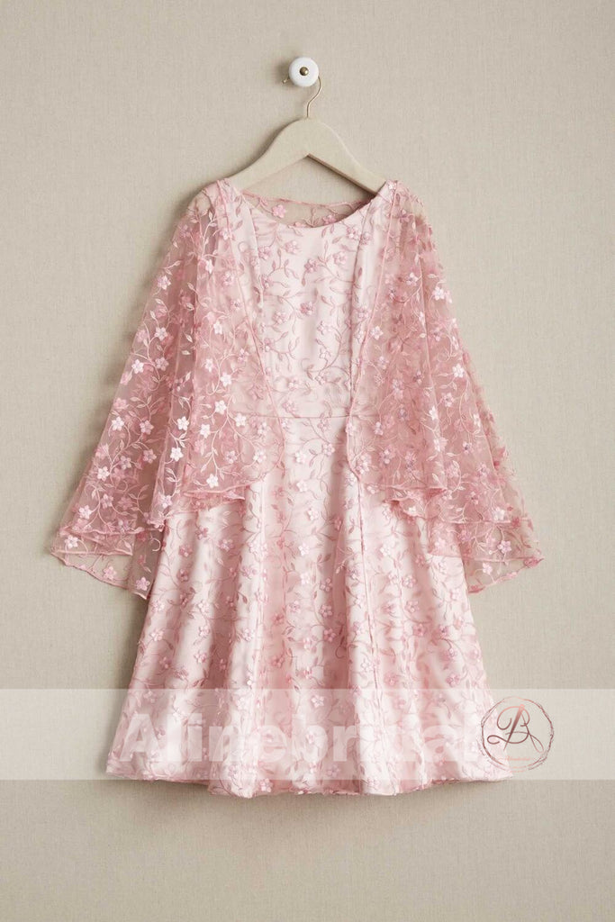 Pink Lace Round Neck With Unique Cape Flower Girl Dresses, FGS084
