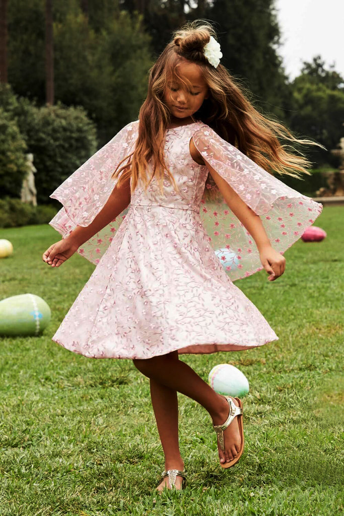 Pink Lace Round Neck With Unique Cape Flower Girl Dresses, FGS084