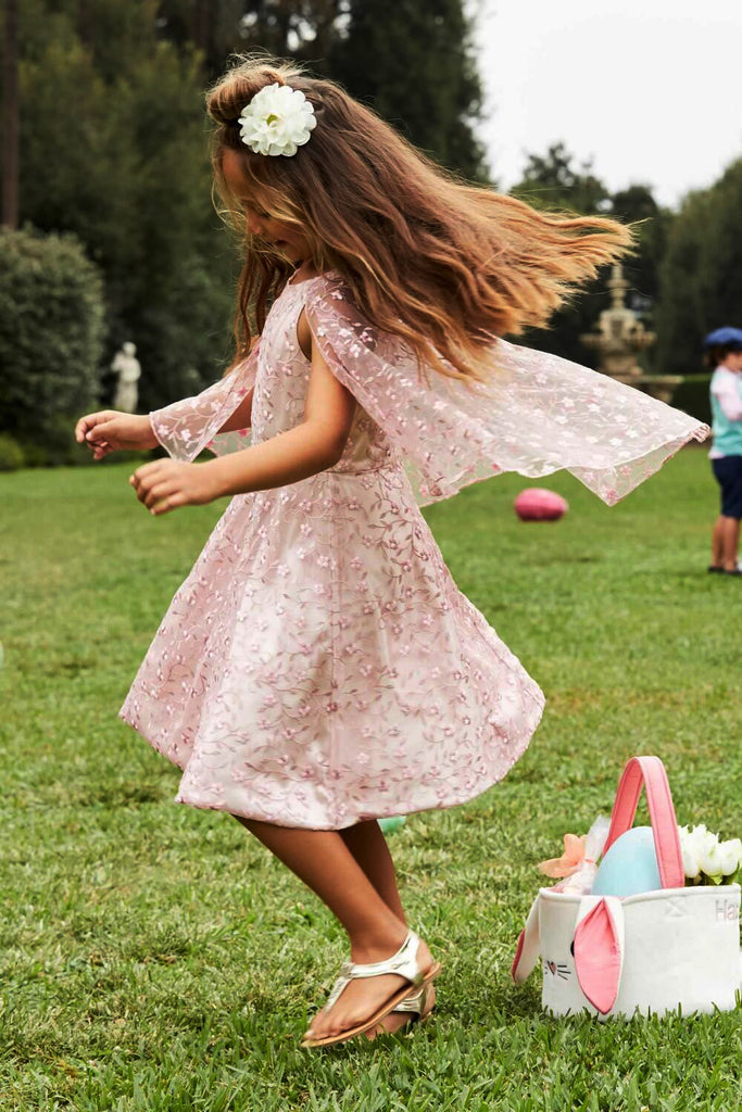 Pink Lace Round Neck With Unique Cape Flower Girl Dresses, FGS084