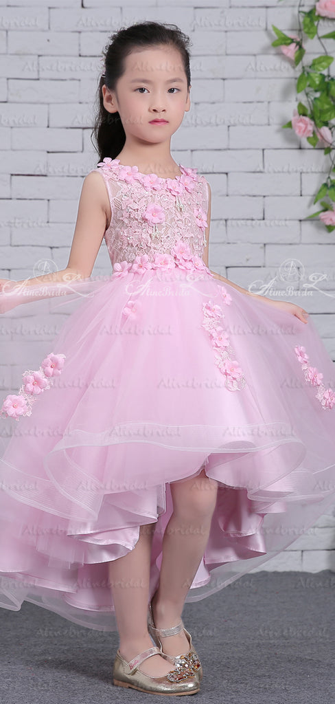 Pink Tulle Lace Applique High Low Gorgeous Flower Girl Dresses, FGS131
