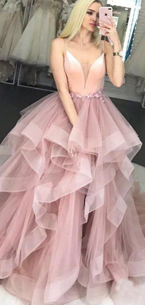 Pink Tulle Spaghetti Strap Ruffles Ball Gown Sweet-16 Prom Dresses,PD00333