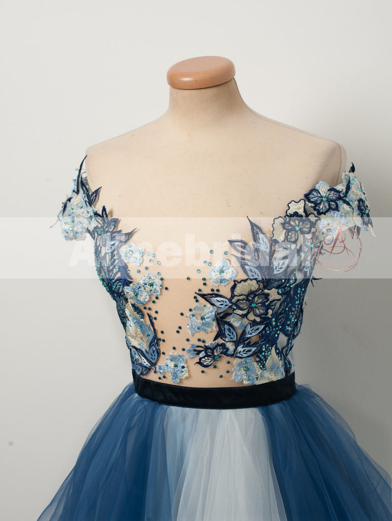 Popular Off Shoulder Appliques Gradient Blue Ball Gown Prom Dresses  ,PD00106