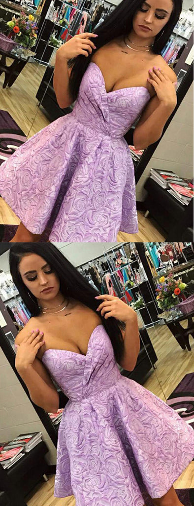 Purple Rose Floral Satin Sweetheart Strapless Homecoming Dresses,HD0051