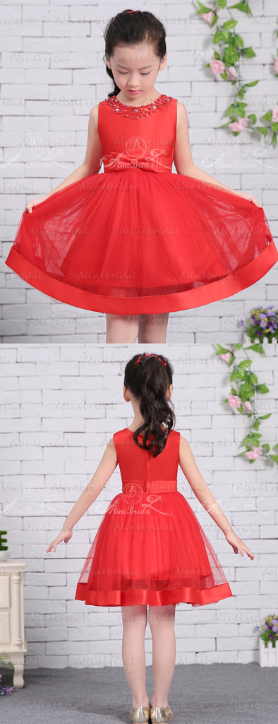 Red Satin Tulle Sparkly Neckline Cute Flower Girl Dresses, FGS135