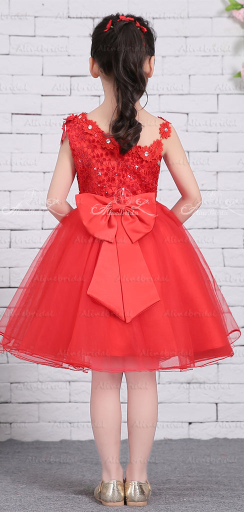 Red Tulle Unique One Shoulder Applique Flower Girl Dresses, FGS137