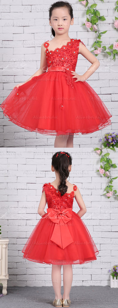 Red Tulle Unique One Shoulder Applique Flower Girl Dresses, FGS137