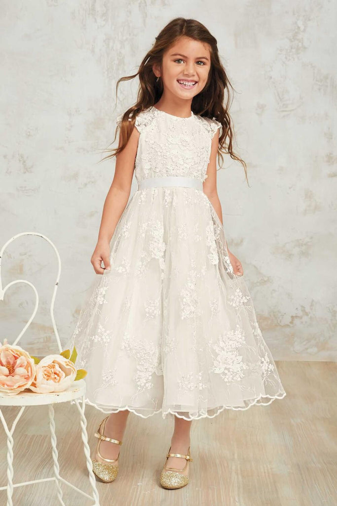 Round Neck Off White Lace Cap Sleeve Long Flower Girl Dresses, FGS099