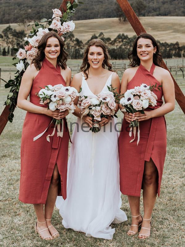 Rust Red Satin Unique Halter Tea Length Bridesmaid Dresses , AB4104