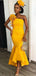 Sexy One-shoulder Mustard Yellow Mermaid Ruffle Midi Bridesmaid Dress, BD3107