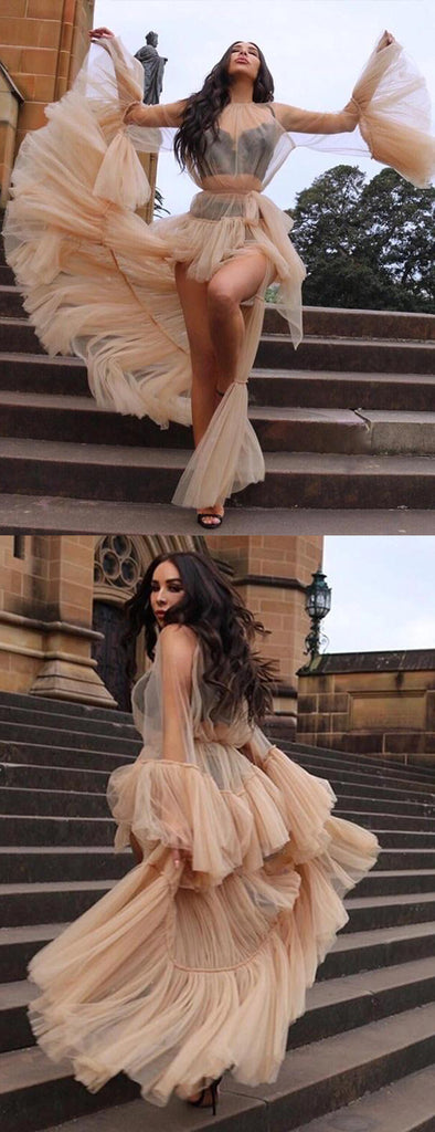 Sexy Nude Tulle High Low Long Sleeves See Through Party Prom Dresses.PD00249