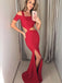 Sexy Red Square Neck Short Sleeves Cut Waistline Mermaid Split Prom Dresses,PD0131