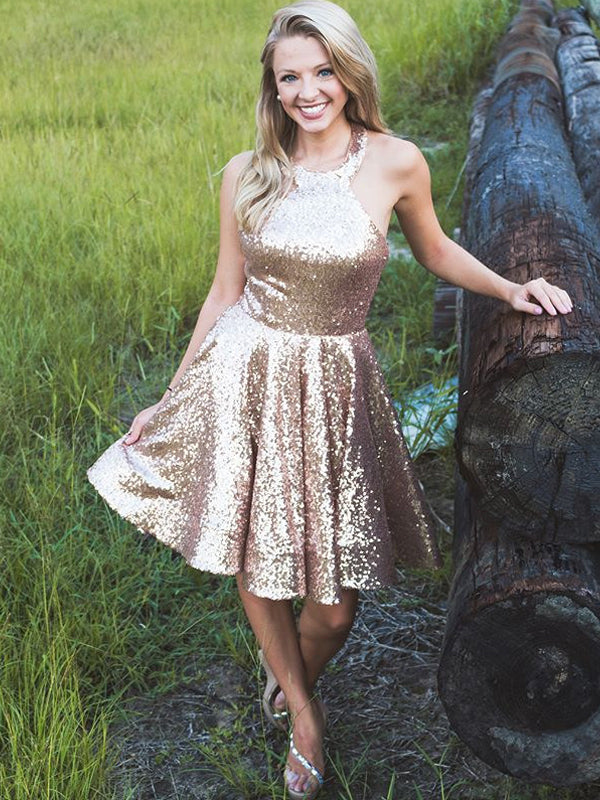 Shiny Gold Sequin Halter Simple Homecoming Dresses,HD0022 AlineBridal Shiny Gold Sequin Halter Simple Homecoming Dresses,HD0022 AlineBridal
