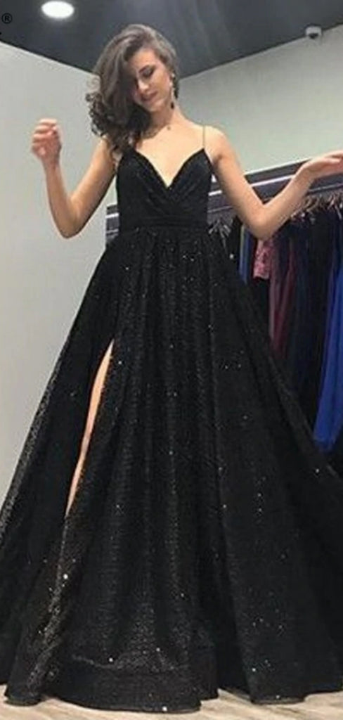 Sparkly Black Sequin Spaghetti Strap Prom Dresses,PD00154