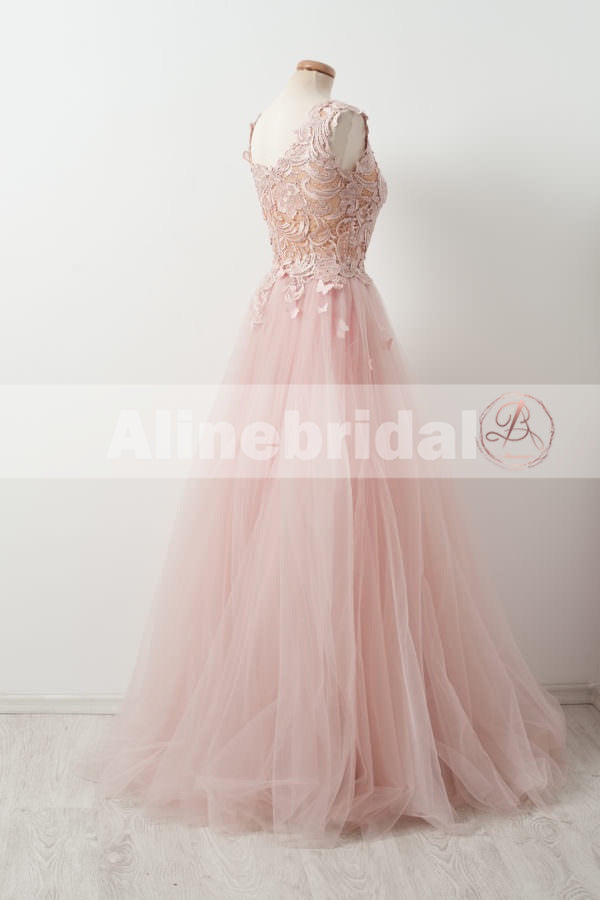 Sweet Pink Lace Top Tulle Scoop Neck Sleeveless Elegant Prom Dresses ,PD00104
