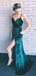 Teal Green Velvet Lace Up Back Side Slit Prom Dresses ,PD00307